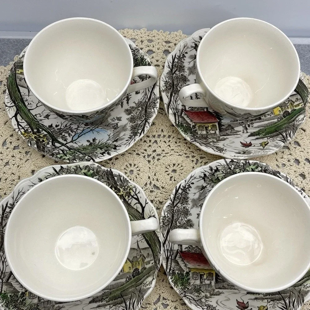 Vintage 1955 J & G Meakin Welcome Home Cups & Saucers Hand Painted Discontinued